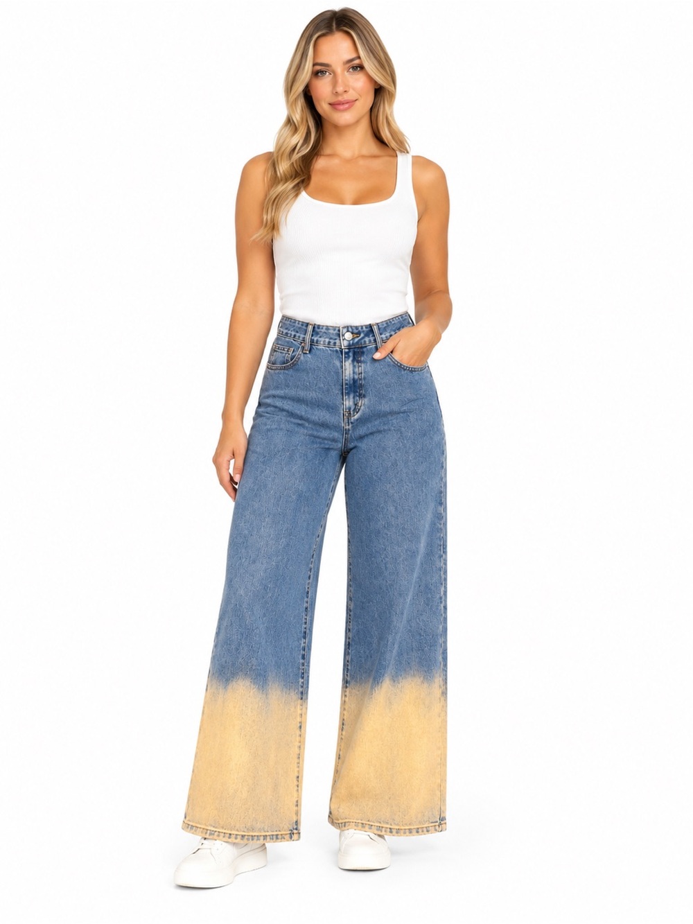 Cider Blue Denim Wide Leg Dip-Dye Jeans with Cream Hem